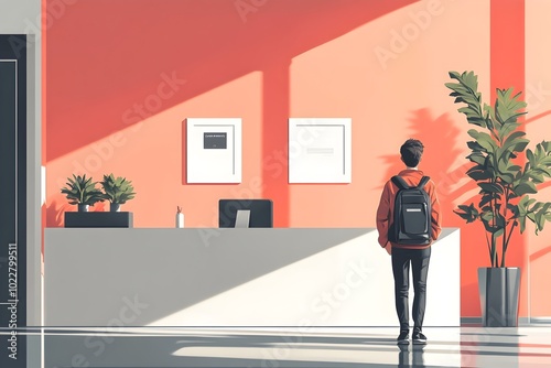 Minimalist Three Color Character Arriving for First Day at Modern Office