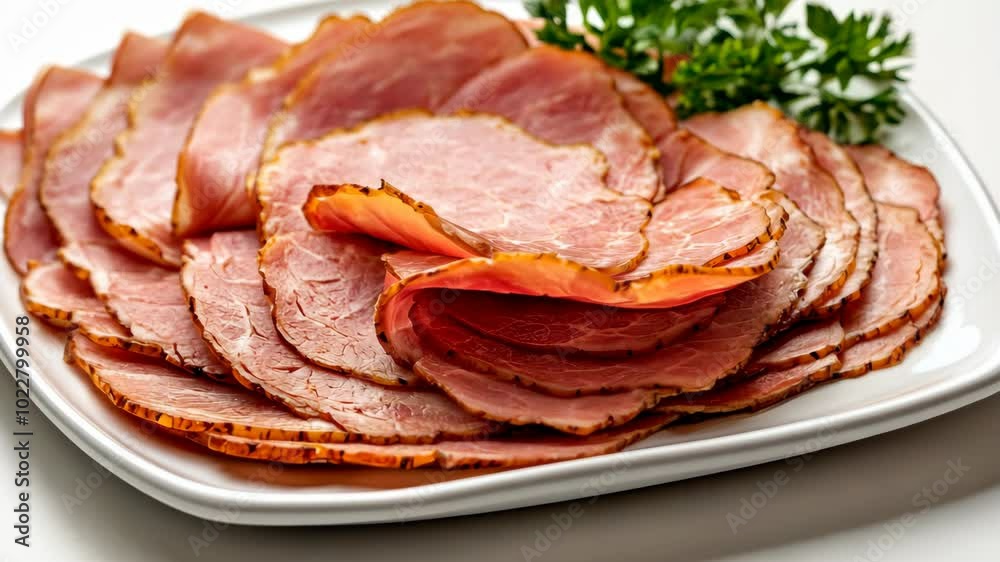 Thinly sliced ham arranged on a white plate Thinly sliced ham arranged on a white plate