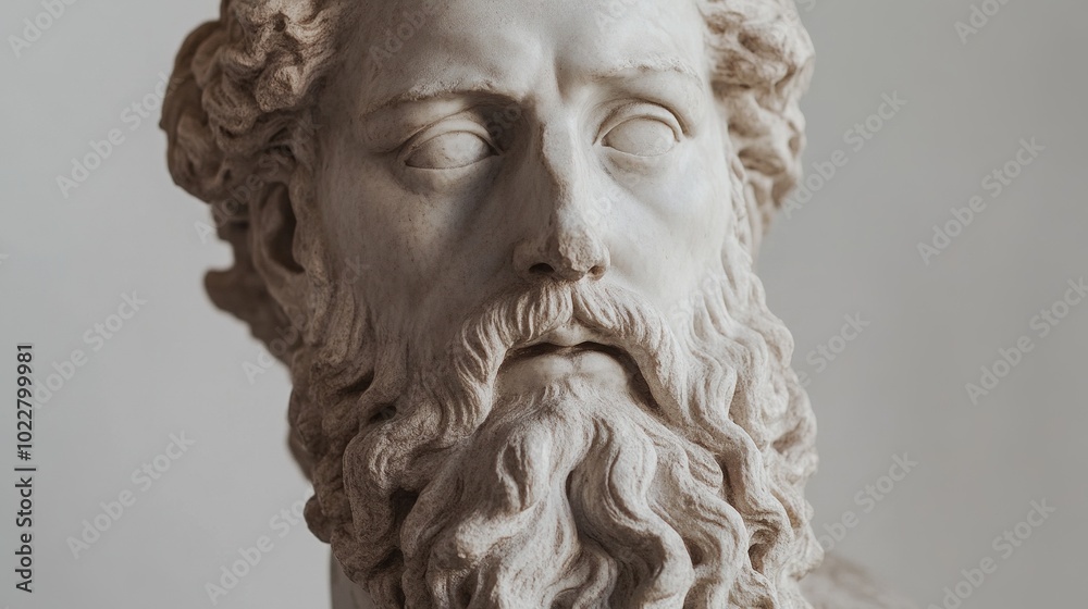 Marble statue of greek god Zeus isolated on black background. Antique sculpture of man with beard Marble statue of greek god Zeus isolated on black background. Antique sculpture of man with beard