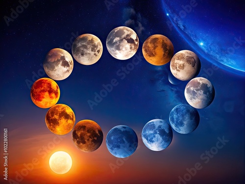 Stunning Series of Moon Phases Captured in Clear Night Sky for Astronomical Enthusiasts and Art photo