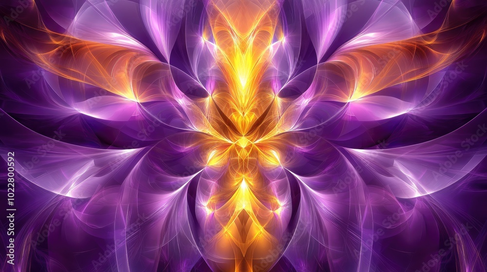 Abstract purple geometric background with a shiny finish featuring a golden fantasy flame Ideal for a decorative cover for booklets flyers albums or holiday party invitations Digital fractal art Abstract purple geometric background with a shiny finish featuring a golden fantasy flame Ideal for a decorative cover for booklets flyers albums or holiday party invitations Digital fractal art