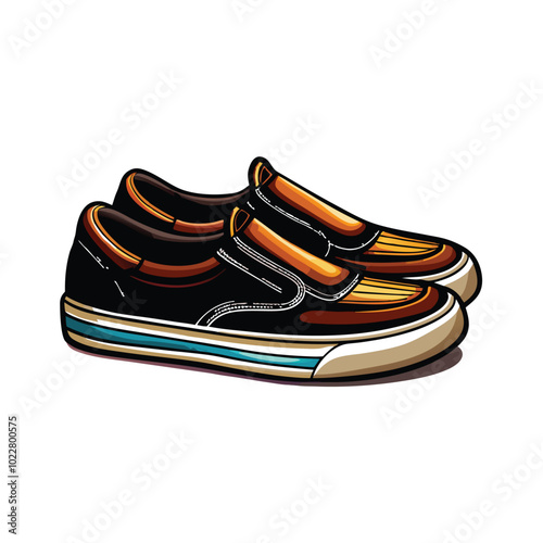 A pair of sleek slip-on sneakers with an urban edge, featuring a black leather upper, brown leather accents, and a teal and white stripe along the sole.