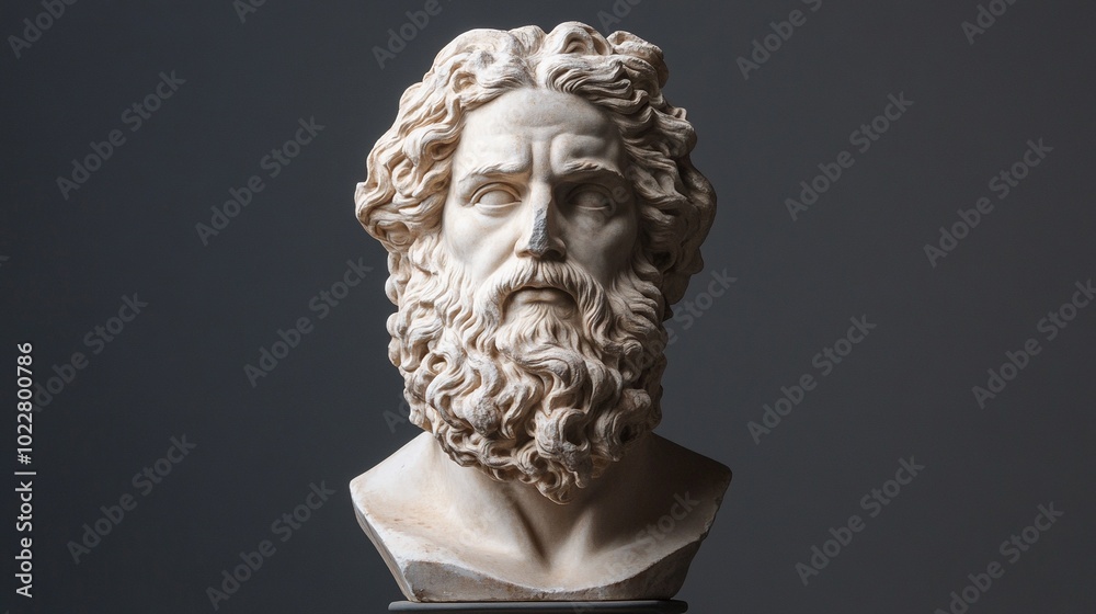 Marble statue of greek god Zeus isolated on black background. Antique sculpture of man with beard Marble statue of greek god Zeus isolated on black background. Antique sculpture of man with beard
