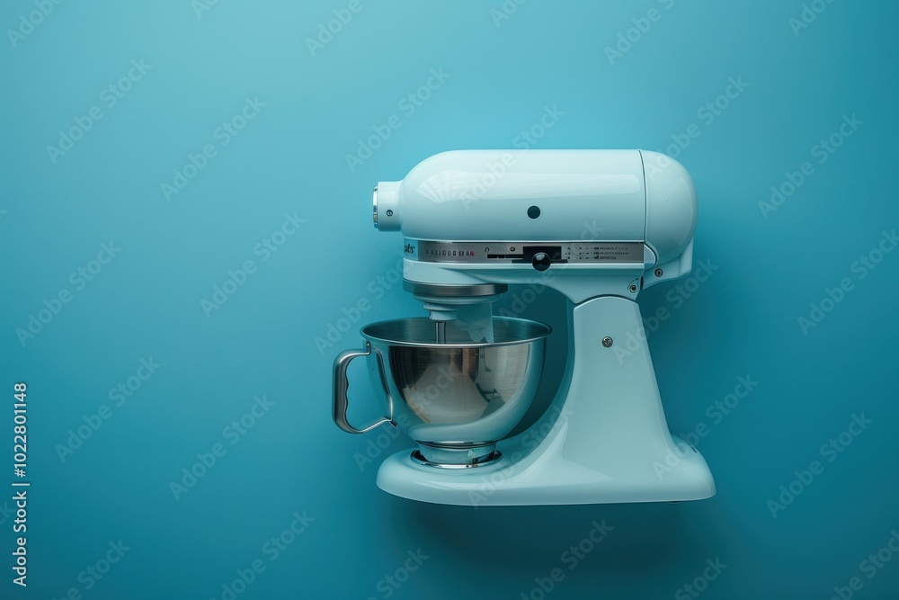 Light blue stand mixer beside a stainless steel bowl on a teal background Light blue stand mixer beside a stainless steel bowl on a teal background