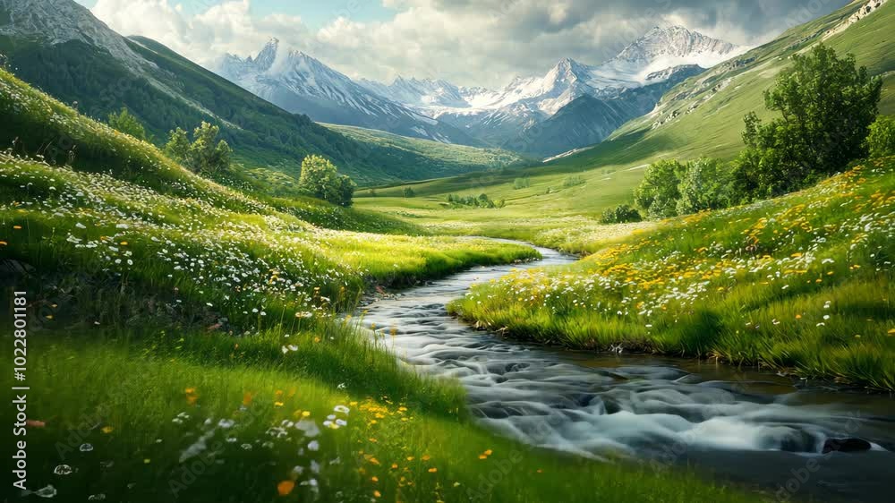 A winding stream flows through a green valley, surrounded by snow-capped mountains in the distance A winding stream flows through a green valley, surrounded by snow-capped mountains in the distance
