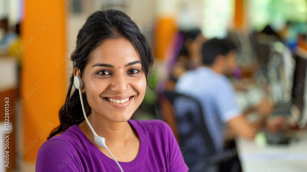 A woman wearing a purple shirt is smiling and wearing headphones