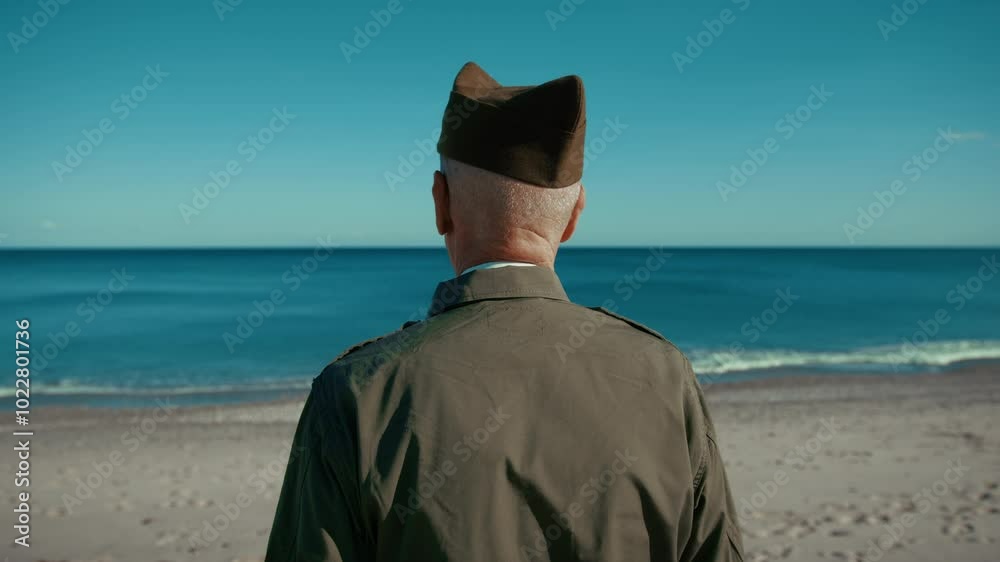 United States America Veteran Man Makes Salute Looking At The Ocean At The Beach United States America Veteran Man Makes Salute Looking At The Ocean At The Beach