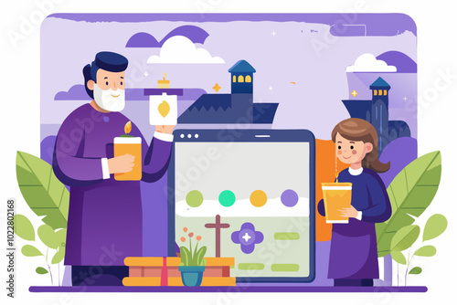 All saints day landing page design with religious symbols and autumn elements