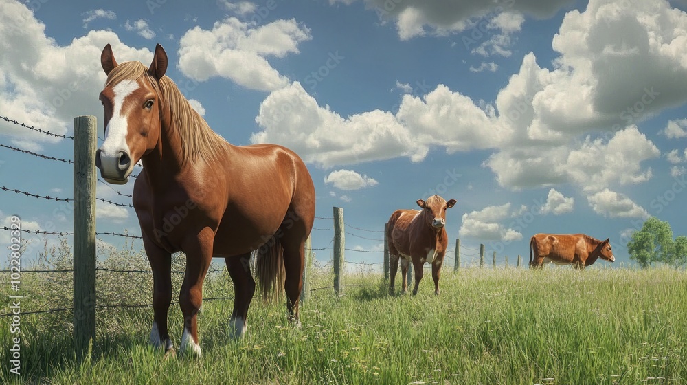 Horse and Cows in a Field Horse and Cows in a Field