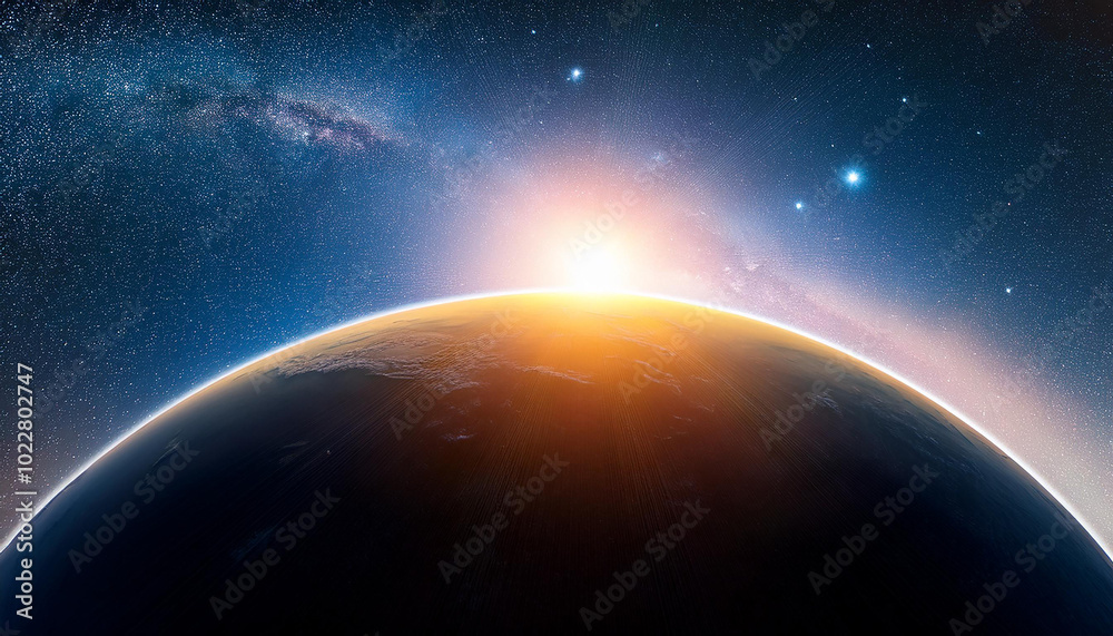Planet Earth and sunrise. Starry sky. Planet Earth and sunrise. Starry sky.