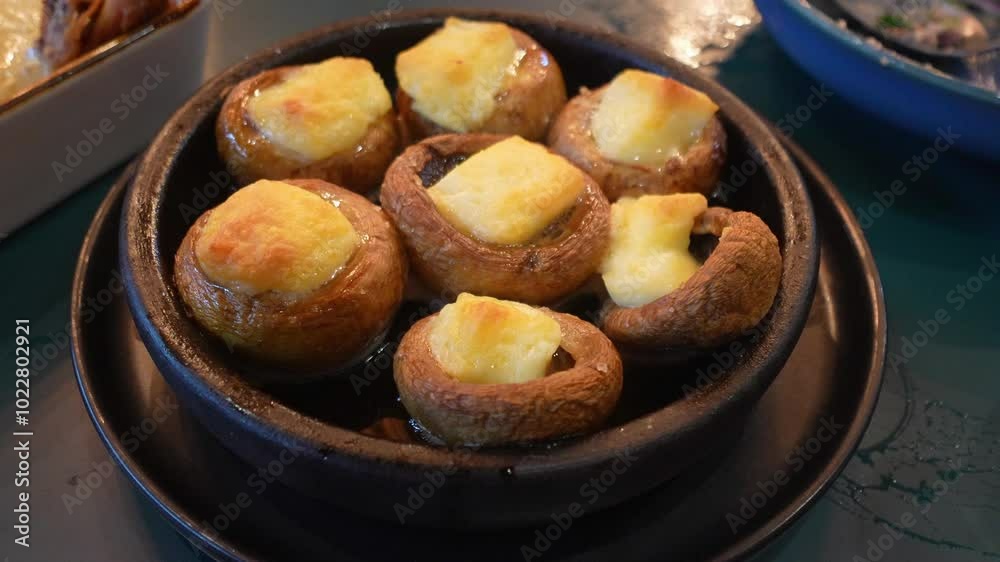 Delicious mushrooms mushrooms, stuffed with cheese, baked in professional oven. Dish is ready to be served to hungry restaurant guests. Delicious mushrooms mushrooms, stuffed with cheese, baked in professional oven. Dish is ready to be served to hungry restaurant guests.