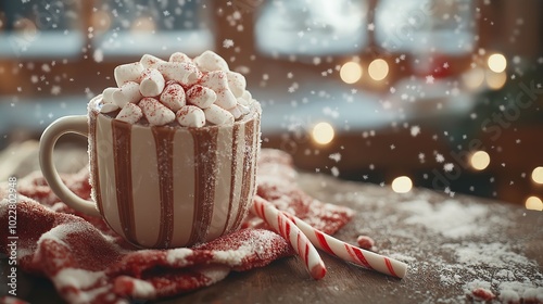 Hot Chocolate Topped with Marshmallows and Candy Canes on a Snowy Day photo