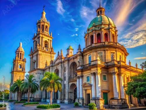 Stunning view of historic El Monumento showcasing intricate architecture against a clear blue sky