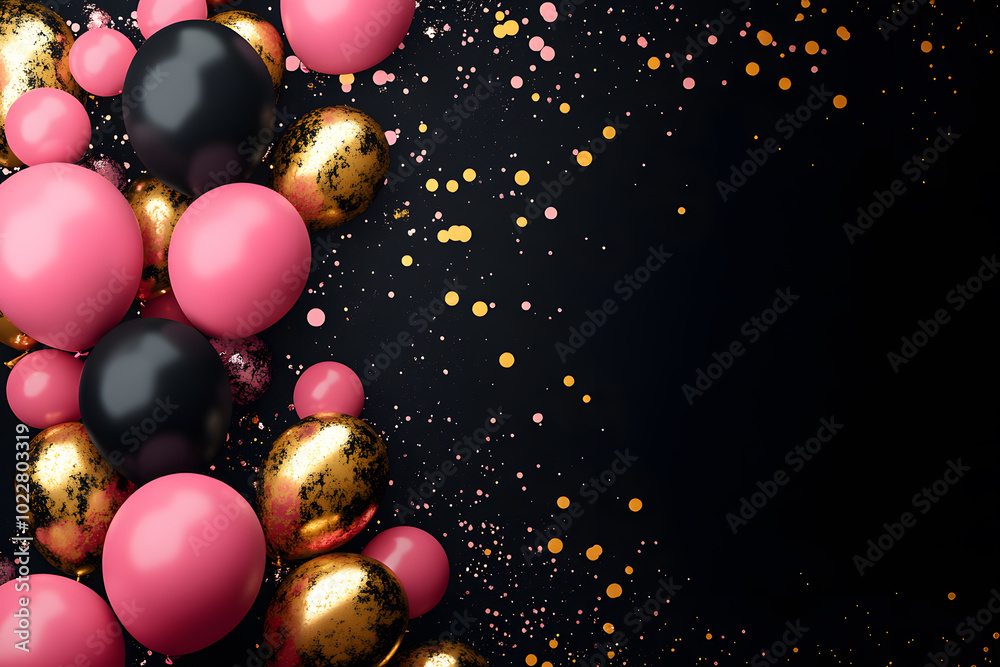 3d gold, pink and black balloons frame on black background. Birthday card with copy space 3d gold, pink and black balloons frame on black background. Birthday card with copy space