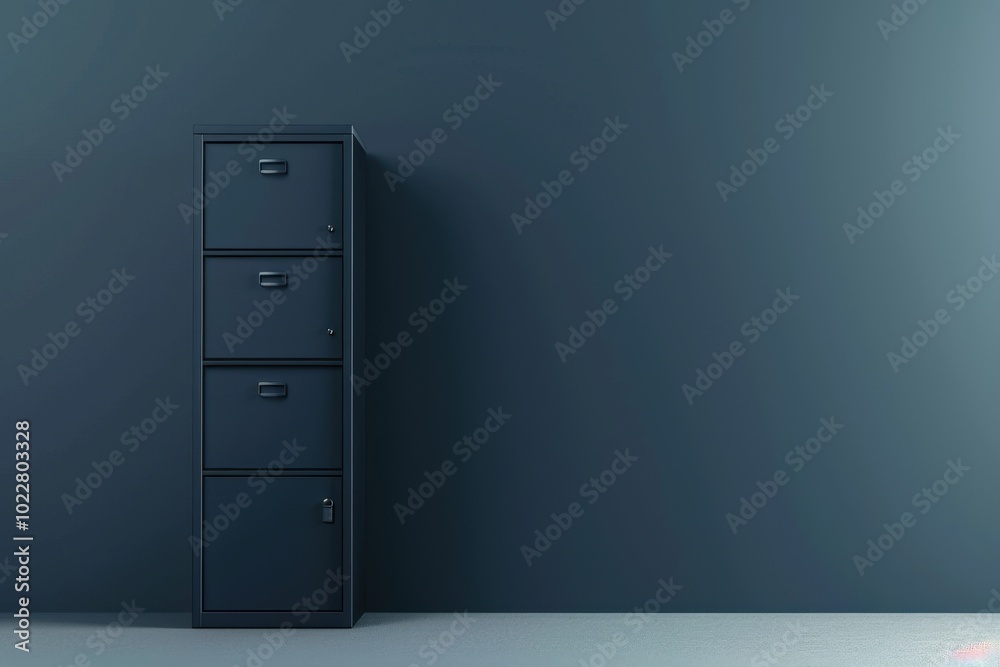 A black filing cabinet stands against a plain dark wall in a minimalist office space A black filing cabinet stands against a plain dark wall in a minimalist office space
