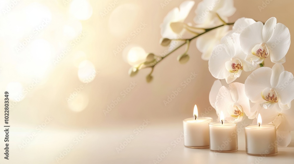 A delicate white orchid next to lit candles, positioned on the right side of a soft beige background. The overall effect is tranquil and elegant A delicate white orchid next to lit candles, positioned on the right side of a soft beige background. The overall effect is tranquil and elegant