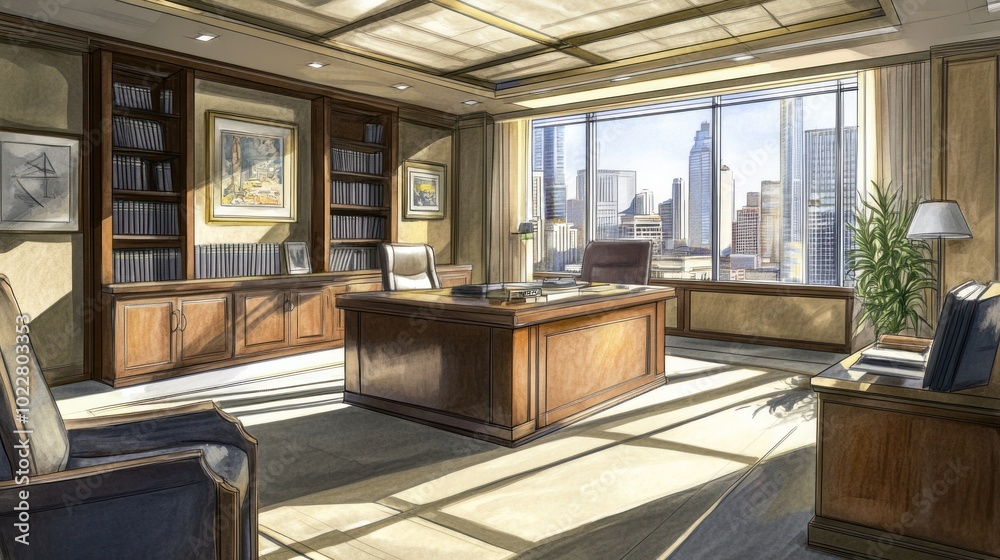 Modern office interior with a city view, featuring wooden furniture and ample natural light. Modern office interior with a city view, featuring wooden furniture and ample natural light.