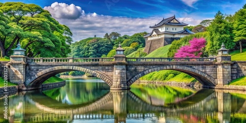 Stunning View of Nijubashi Bridge Surrounded by Lush Greenery in Tokyo's Imperial Palace Gardens photo