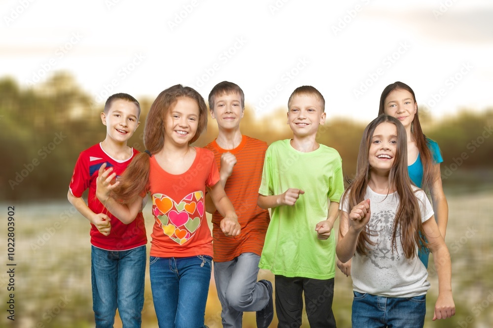 Happy kids, friends play outdoor in nature Happy kids, friends play outdoor in nature