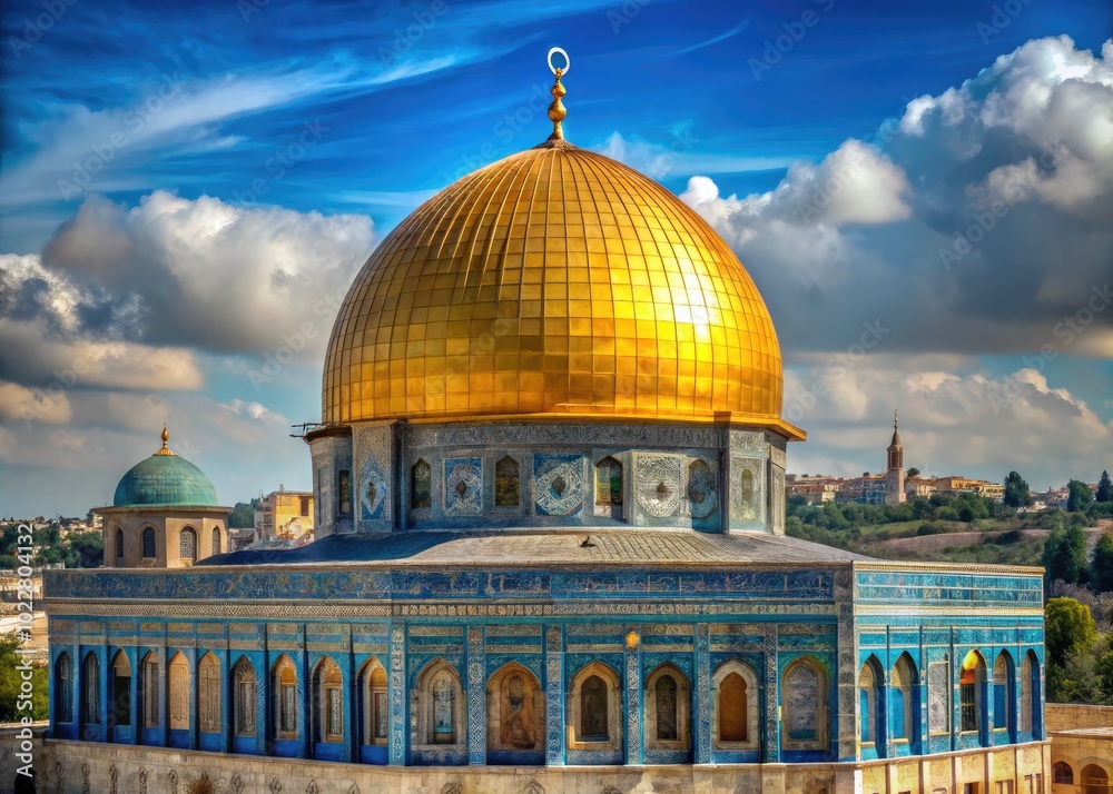 Fototapeta premium Stunning view of the Dome of the Rock in Jerusalem showcasing Islamic architecture and golden dome