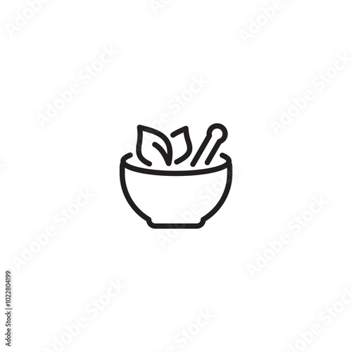 Herbs and mortar. Herbal remedy. Natural ingredients. Herbs in a mortar. Minimalist mortar icon.