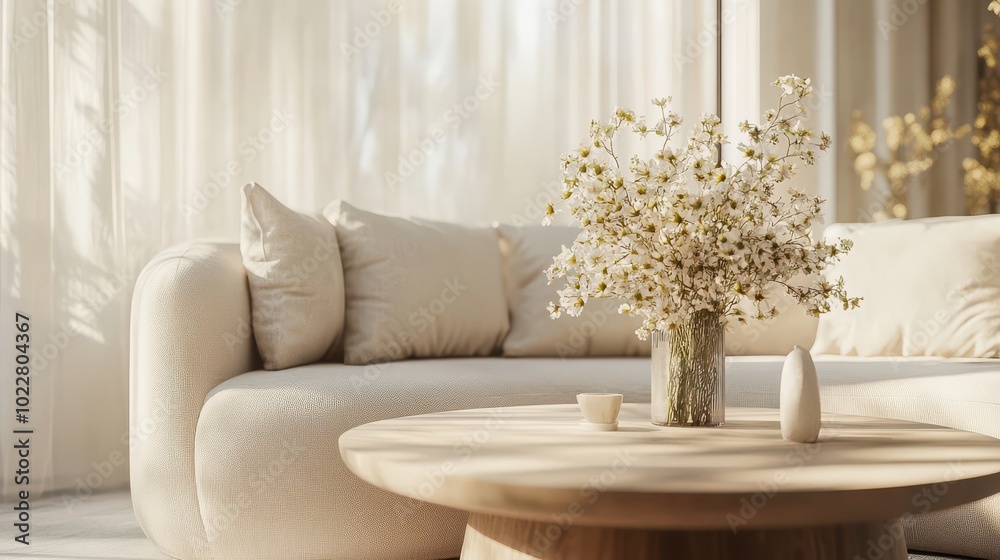 Cozy living room with a light-colored sofa and a vase of flowers on a wooden coffee table in natural sunlight