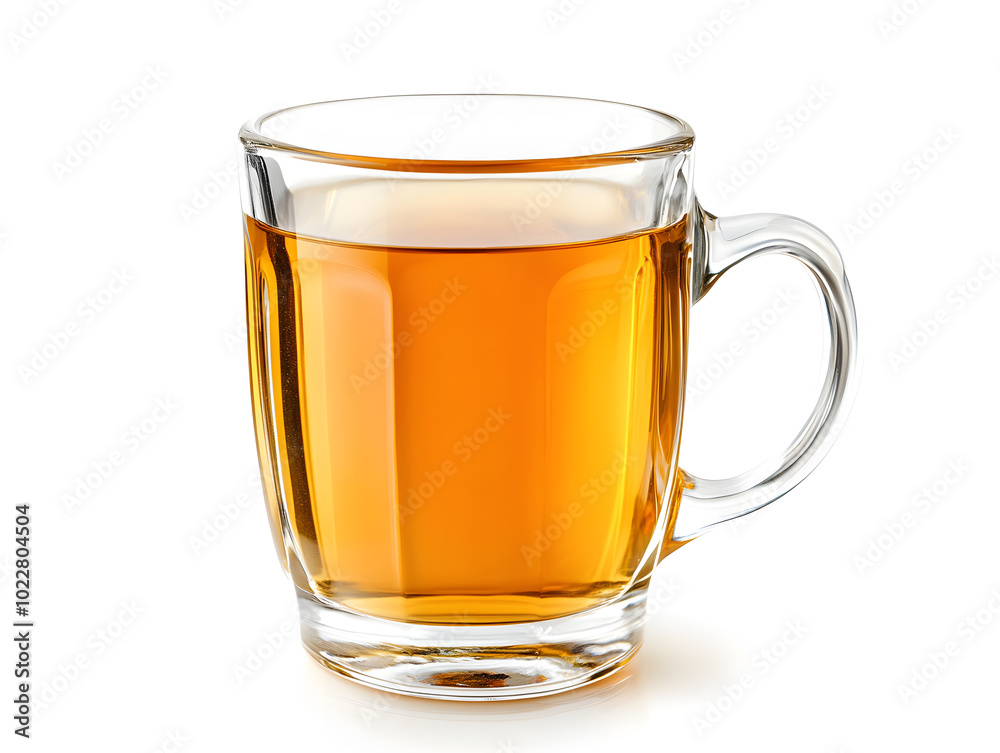 A clear cup with a handle filled with apple juice, isolated on white background A clear cup with a handle filled with apple juice, isolated on white background