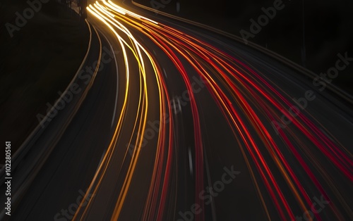 Abstract streaks of red and yellow lights from cars driving on a highway at night.