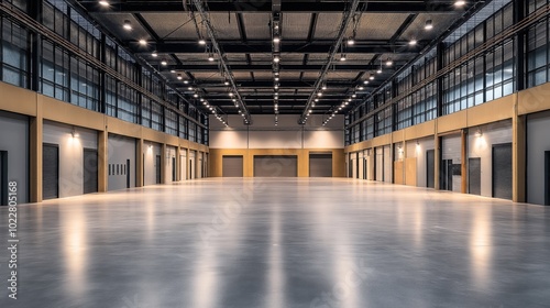 Spacious, empty industrial warehouse interior with polished concrete flooring, high ceilings, large shutter doors, ample lighting, and mezzanine levels.