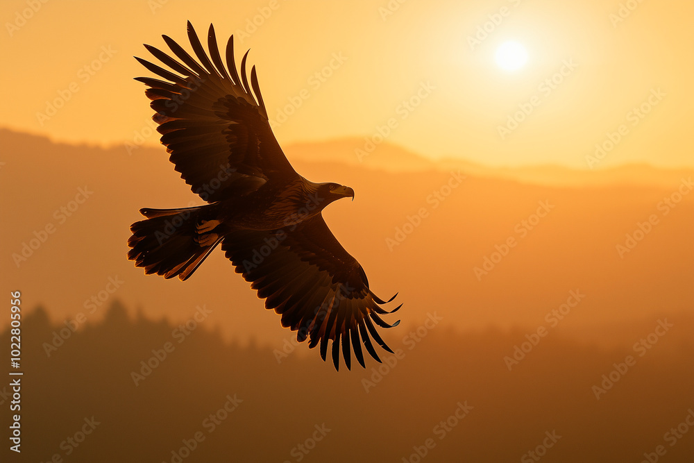 Fototapeta premium Golden Eagle Flying at Sunrise. nature photo style. free concept