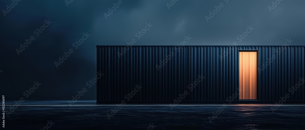 Modern shipping container with an illuminated door against a dark stormy background. Modern shipping container with an illuminated door against a dark stormy background.