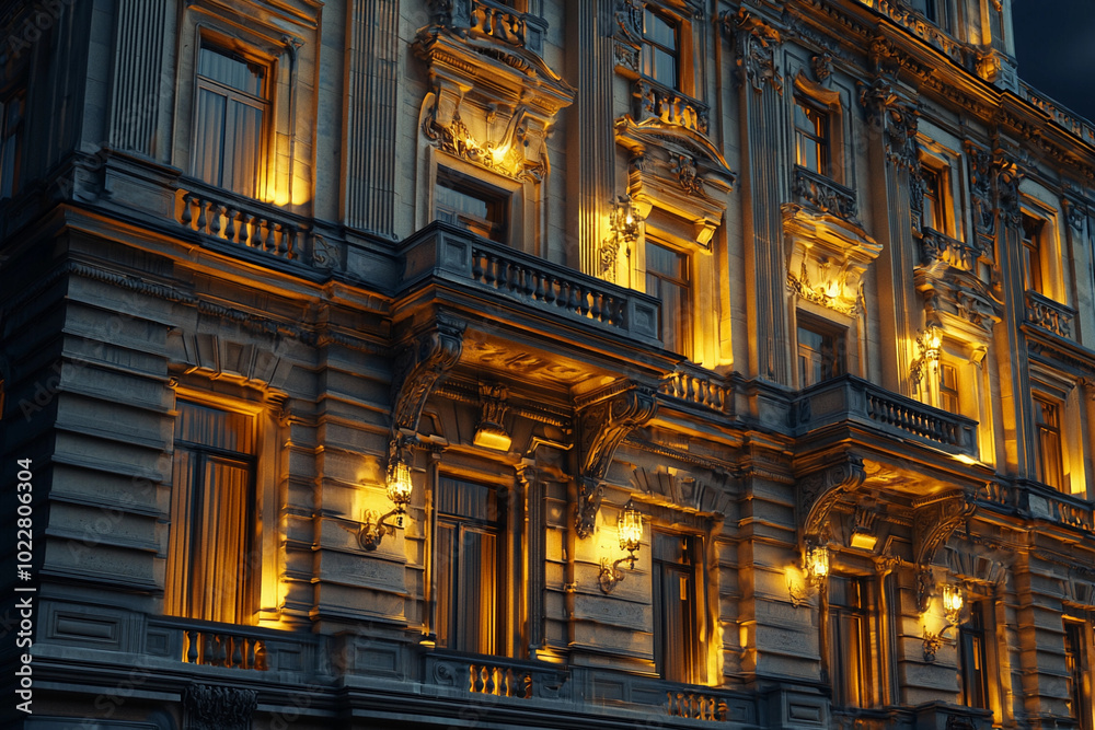 Fototapeta premium Illuminated historic building exterior at night in urban setting