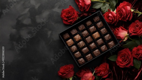 A luxurious box of handmade chocolates surrounded by vibrant red roses on a dark textured background, evoking a sense of romance and elegance