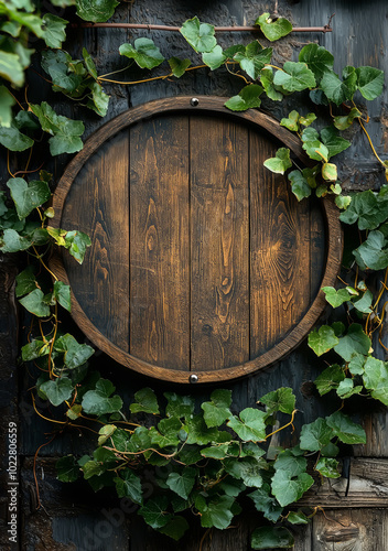 A circular mockup signboard on a rustic wooden wall, with ivy climbing around the edges, creating a natural. photo