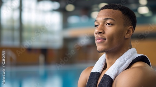 Basketball player recovering in an ice tub with a towel wrapped around shoulders Stock Photo with side copy space photo