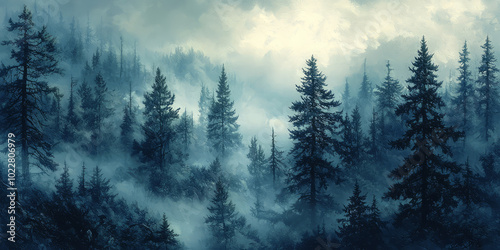 A moody with a low-hanging fog creeping between tall pine trees, creating a mysterious ambiance.