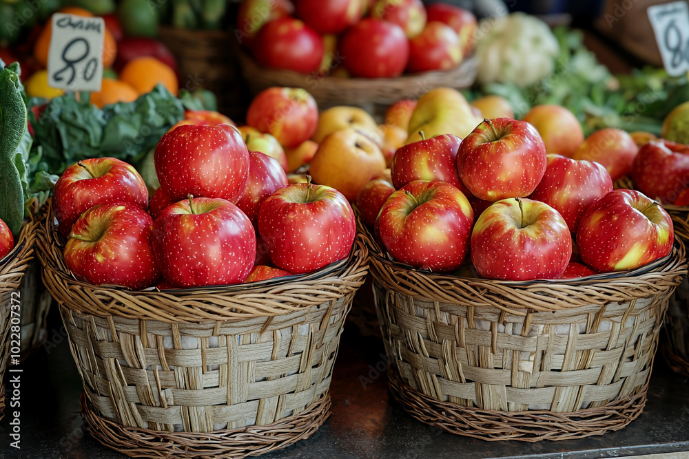 Fresh red apples in baskets at a vibrant farmer's market Fresh red apples in baskets at a vibrant farmer's market