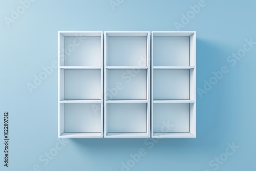 Minimalist white display shelf against a light blue background photo