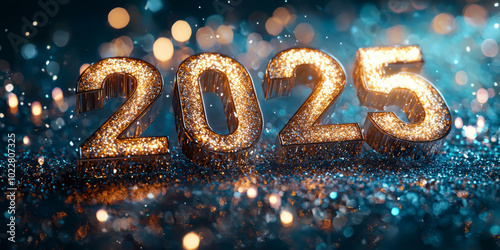 New Year 2025 shine with sparkling lights, background glow. photo