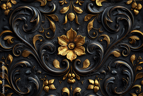 Intricate golden floral carvings on dark textured background