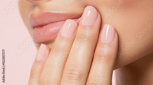 Close Up of Female Hand with Nude Nail Polish and Pink Lips photo