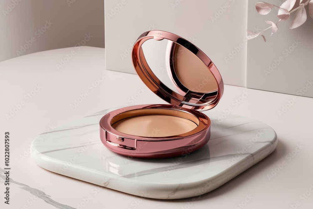 A modern compact powder case mockup in soft pink, set on a neutral background with delicate shadows and minimalist styling A modern compact powder case mockup in soft pink, set on a neutral background with delicate shadows and minimalist styling