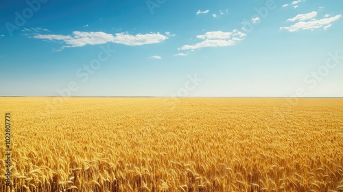 A sprawling golden wheat field stretches to the horizon beneath a clear blue sky dotted with a few clouds creating a serene sense of tranquility and expansive space