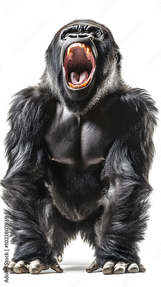 Strong gorilla standing isolated on white background