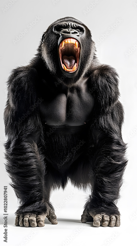 Strong gorilla standing isolated on white background