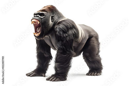 Strong gorilla standing isolated on white background