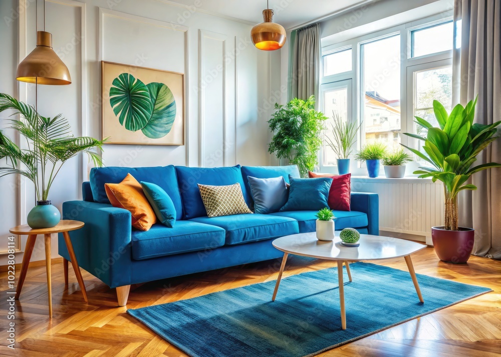 Fototapeta premium Stylish Blue Couch in Modern Living Room with Cozy Decor and Bright Natural Light Streaming In