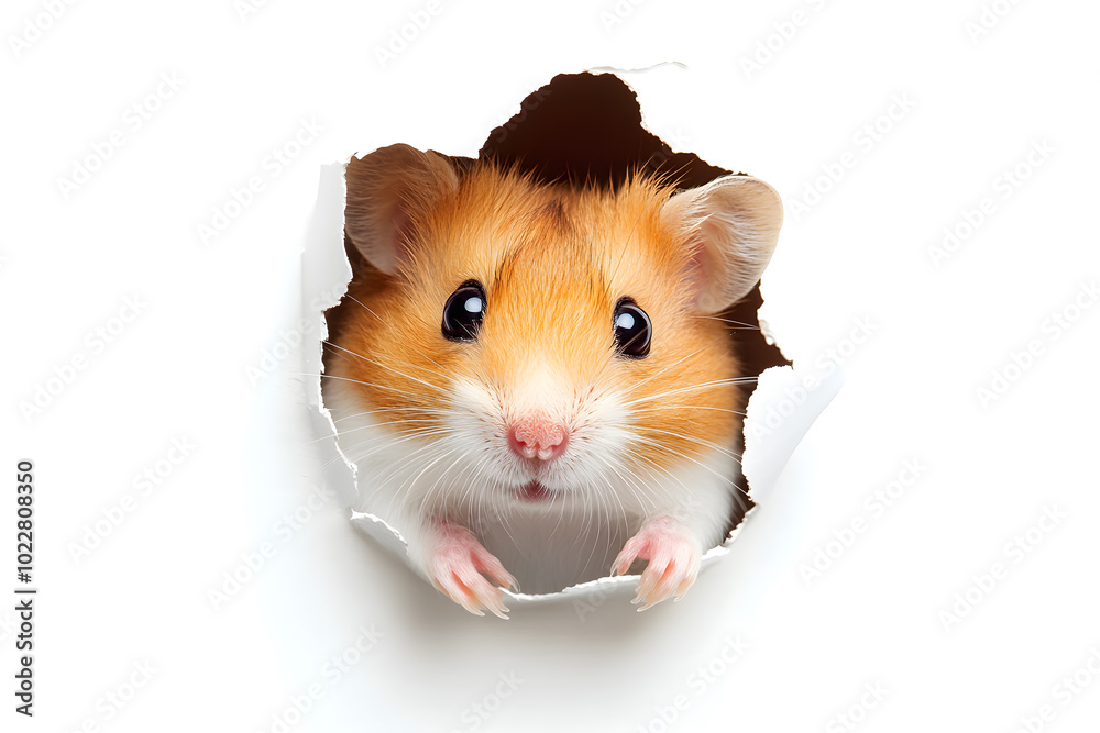A cute hamster looking through hole torn paper isolated on white background A cute hamster looking through hole torn paper isolated on white background