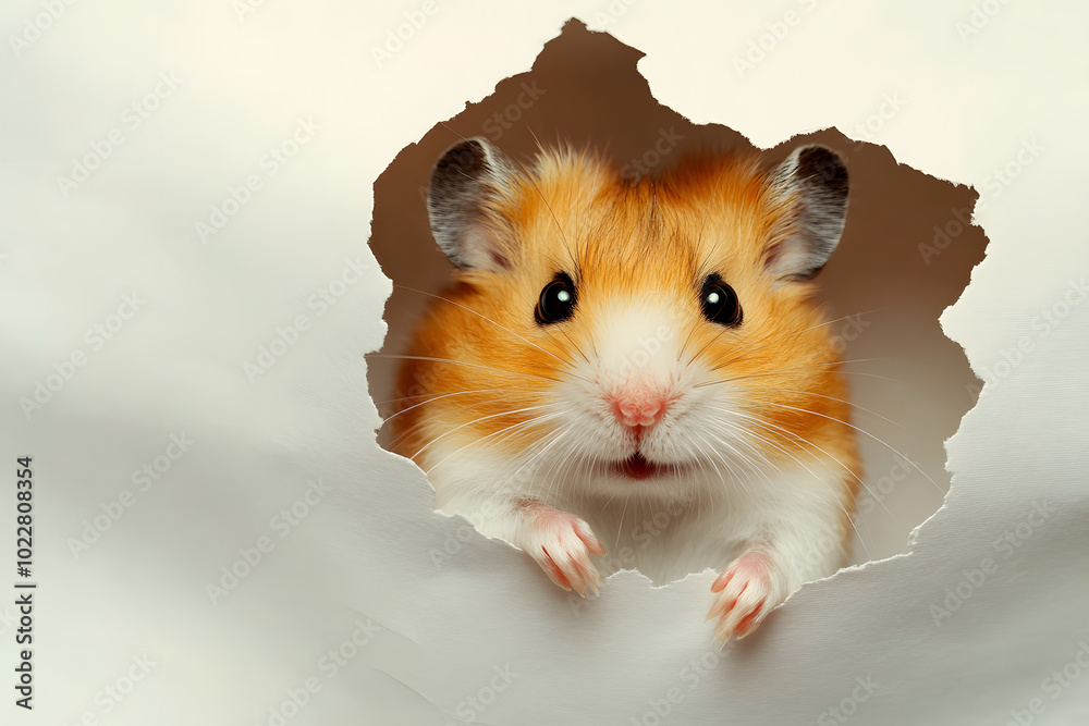A cute hamster looking through hole torn paper isolated on white background