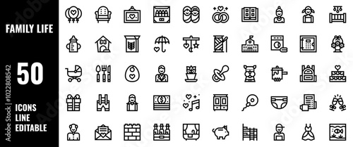 50 Family Life Icons Set Pack Line Editable Vector Illustration